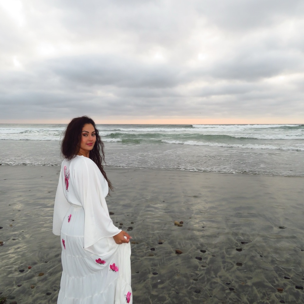 White Maxi Dress with Pink Floral Accents